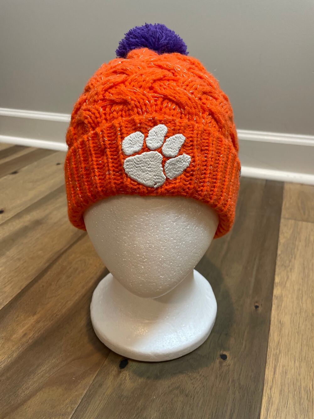 ’47 Brand Beanie One Size Orange Knit Metallic Thread Purple White Logo EUC